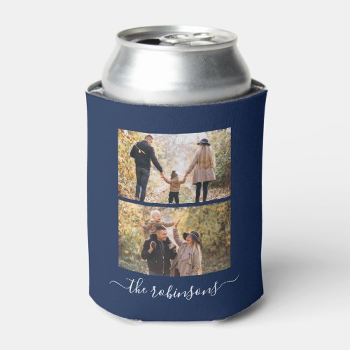 Navy Blue Trendy Script 2 Photo Collage Custom Can Cooler