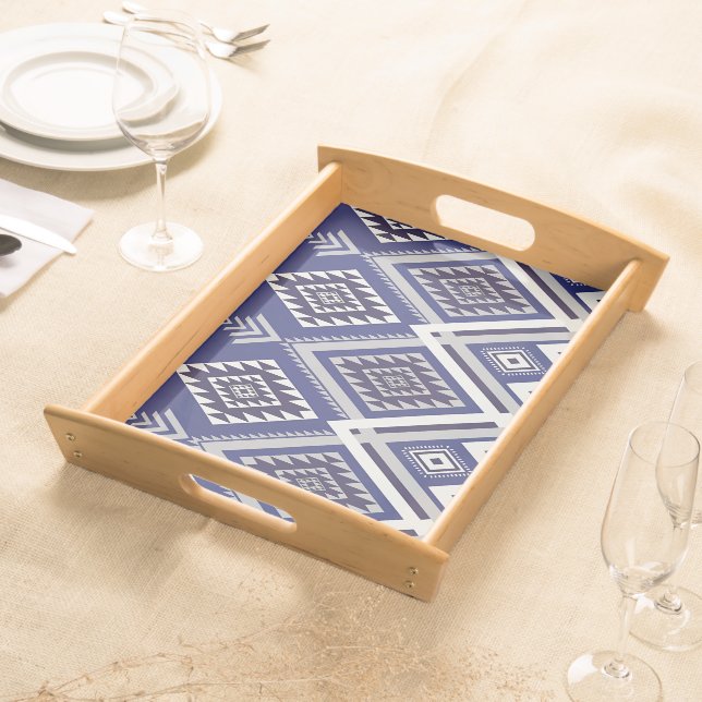 Navy Blue Tribal Motif Surface Pattern Serving Tray (Front)