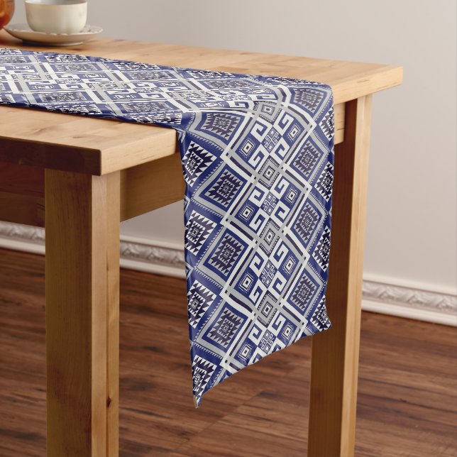 Navy Blue Tribal Motif Surface Pattern Short Table Runner (In Situ)