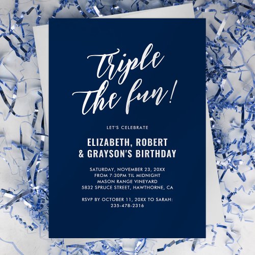 Navy Blue Triple The Fun Joint Birthday Party Invitation