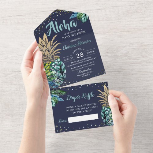 Navy Blue Tropical Beach Pineapple Baby Shower All All In One Invitation
