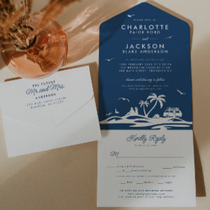 Navy Blue Tropical Beach Seaside Boho RSVP Wedding All In One Invitation