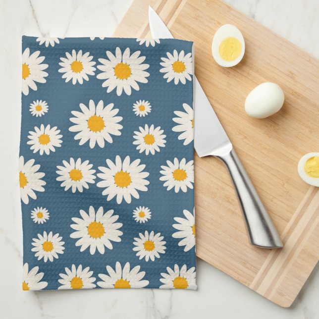 Navy Blue Tropical Floral Botanical Spring Summer Kitchen Towel (Quarter Fold)