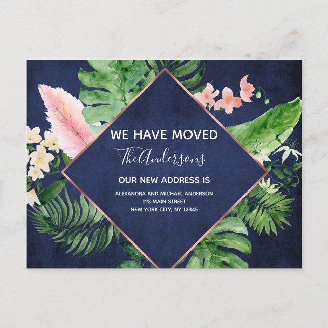 Navy Blue Tropical Floral Moving Announcement Postcard (Front)
