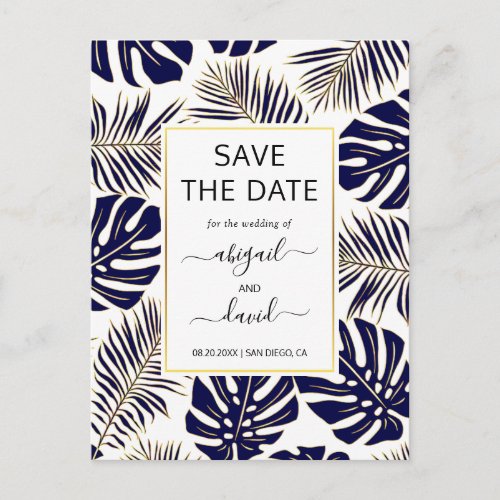 Navy blue tropical leaves wedding Save the Date Announcement Postcard