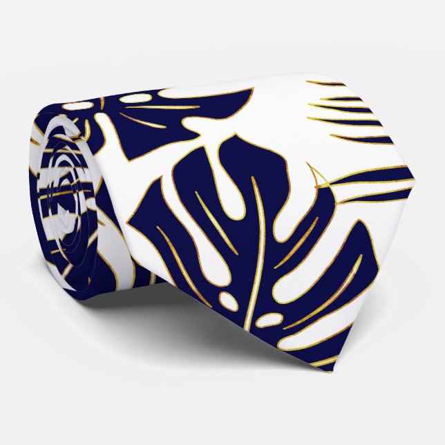 Navy blue tropical monstera and palm leaves neck tie (Rolled)