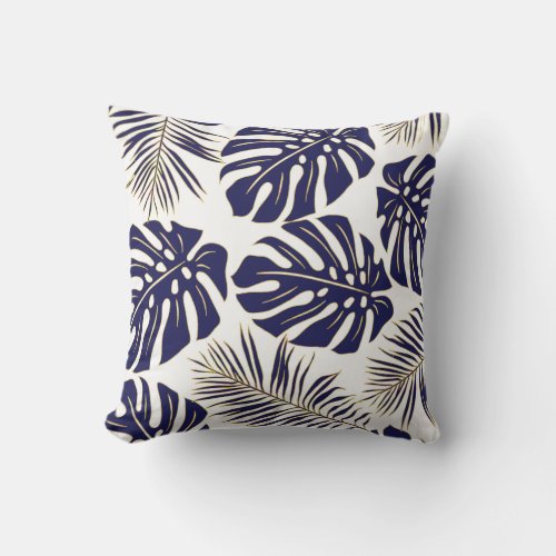 Navy blue tropical monstera leaves pattern outdoor pillow