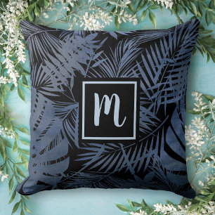 Navy blue tropical palm leaf, chic modern monogram throw pillow