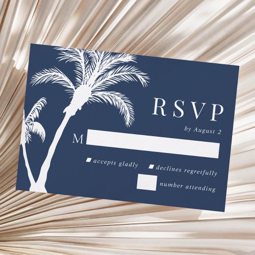 Navy Blue Tropical Palm Tree Beach Wedding RSVP Card