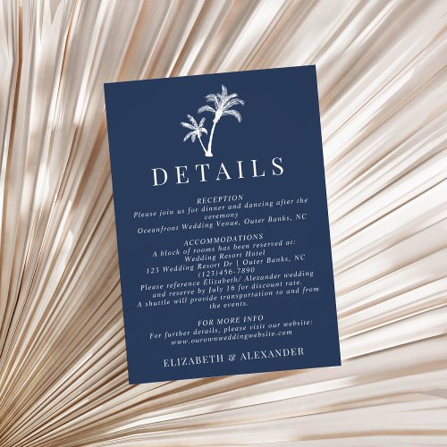 Navy Blue Tropical Palm Tree Wedding Details Enclosure Card