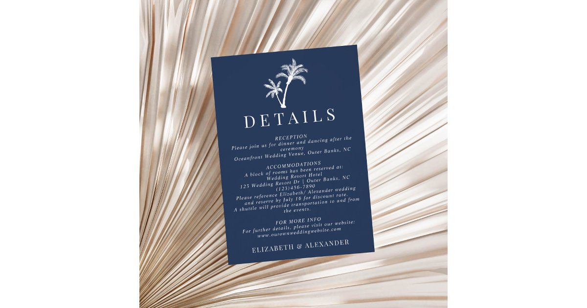 Navy Blue Tropical Palm Tree Wedding Details Enclosure Card | Zazzle