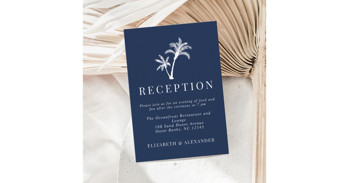 Navy Blue Tropical Palm Tree Wedding Reception Enclosure Card | Zazzle