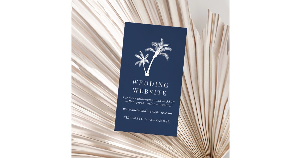 Navy Blue Tropical Palm Tree Wedding Website Enclosure Card | Zazzle