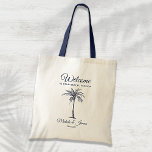 Navy Blue Tropical Palm Tree Wedding Welcome Tote Bag<br><div class="desc">Customize this navy blue "Welcome" tote bag with your own special touch. This modern design features modern script,  navy blue text and artistic palm tree. Personalize it with your names,  wedding date and location. If you need help or matching items,  please contact me.</div>