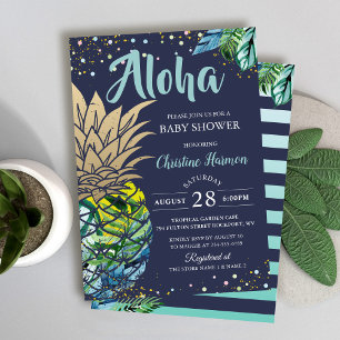 Navy Blue Tropical Pineapple Beach Baby Shower Invitation