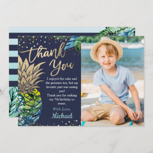 Navy Blue Tropical Pineapple Beach Party Photo Thank You Card