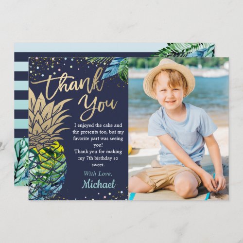 Navy Blue Tropical Pineapple Beach Party  Photo Thank You Card