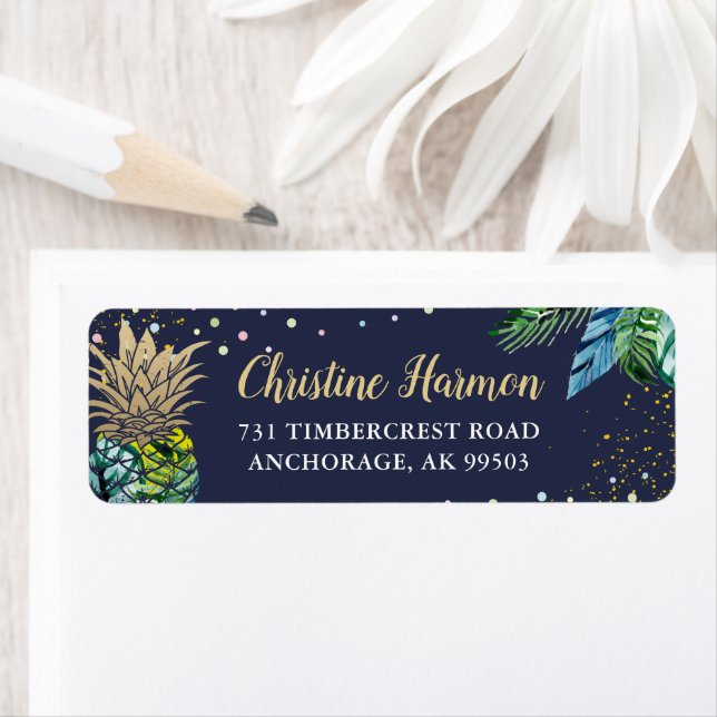 Navy Blue Tropical Pineapple Beach Return Address Label (Insitu)