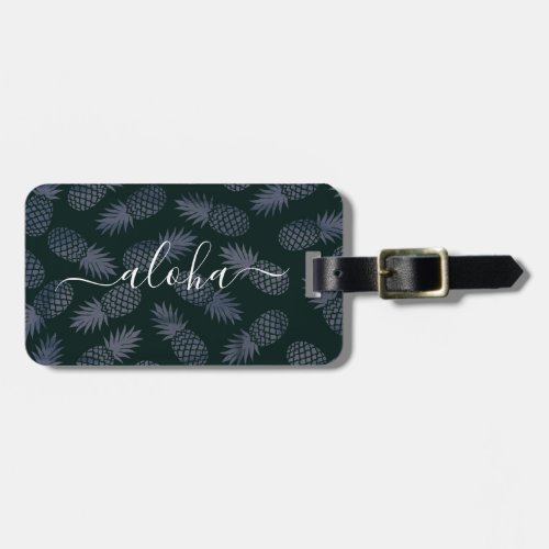 Navy Blue Tropical Pineapple Pattern Aloha Script  Luggage Tag