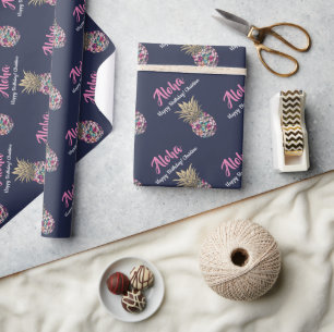 Navy Blue Tropical Pink Gold Pineapple Birthday Wrapping Paper