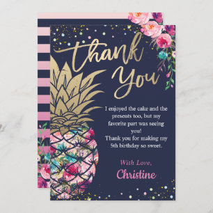 Navy Blue Tropical Pink Gold Pineapple Floral Thank You Card