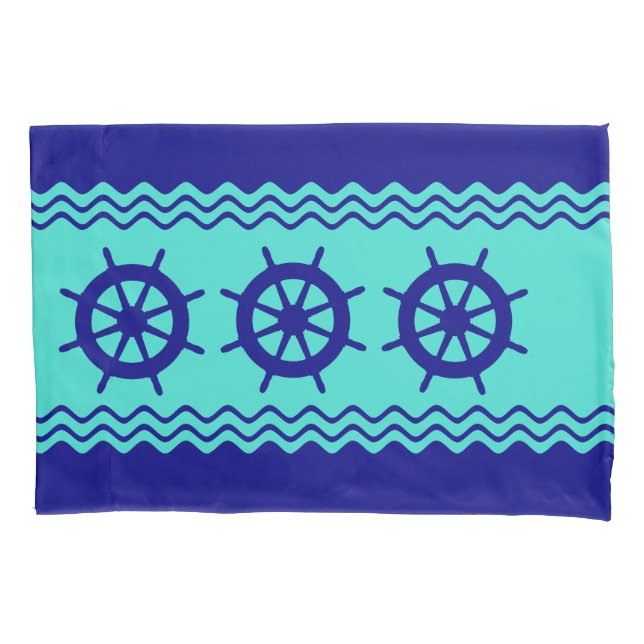 Navy Blue Turquoise Helm Stripe Pillow Case (Front)