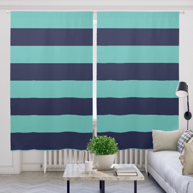 Navy Blue Turquoise Rugby Stripes Blackout Curtains (Living Room)
