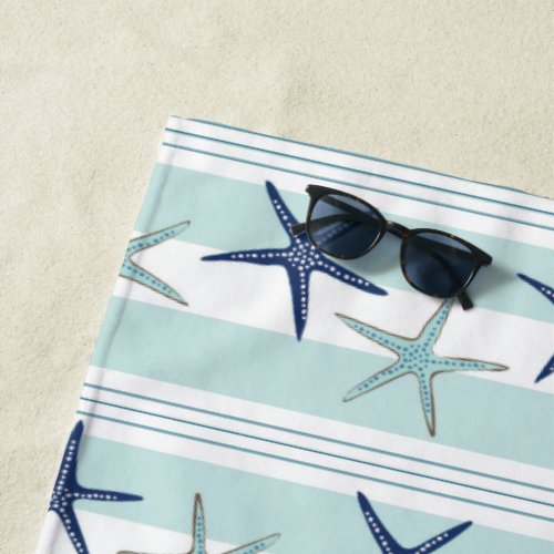 Navy Blue Turquoise Star Fish Striped Monogrammed Beach Towel