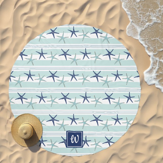 Navy Blue Turquoise Star Fish Striped Monogrammed Beach Towel (Beach)