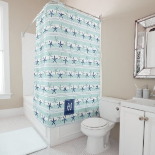 Navy Blue Turquoise Star Fish Striped Monogrammed  Shower Curtain