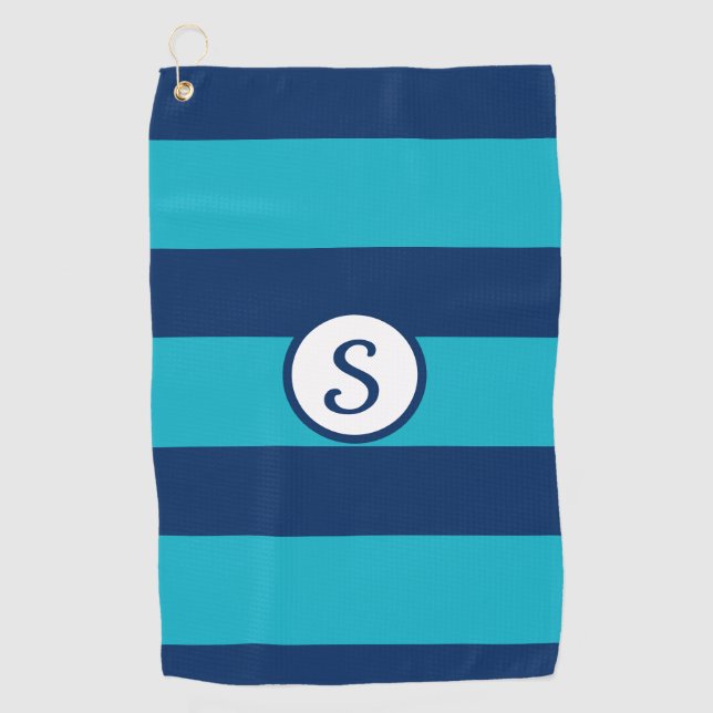 Navy Blue Turquoise Striped Classic Monogram Golf Towel (Front)