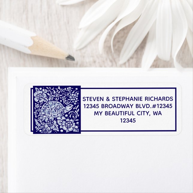 Navy Blue Turtle Garden Floral Snail Cute Delft Label (Insitu)
