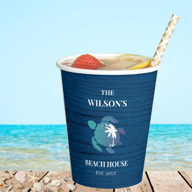 Navy Blue Turtle Rustic Wood Family Beach House  Paper Cups (Creator Uploaded)