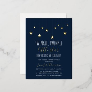 Navy Blue Twinkle Little Star Baby Shower Foil Invitation Postcard by Eugene_Designs at Zazzle
