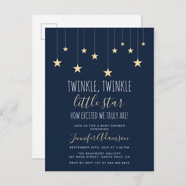 Navy Blue Twinkle Little Star Baby Shower Invitation Postcard (Front/Back)