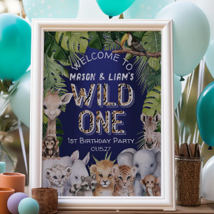 Navy Blue, Twins 1st birthday Wild One Welcome Foam Board