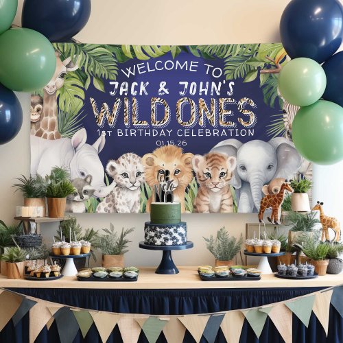 Navy Blue twins jungle animals 1st birthday welcom Banner