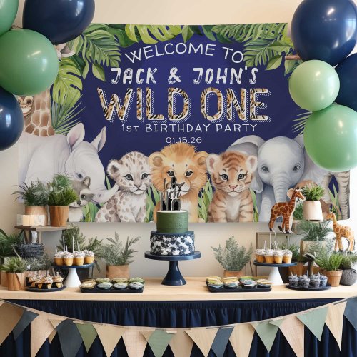 Navy Blue twins jungle animals 1st birthday welcom Banner