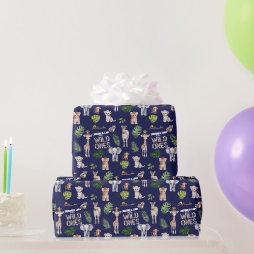 Navy Blue Twins Jungle Animals Boy 1st birthday Wrapping Paper