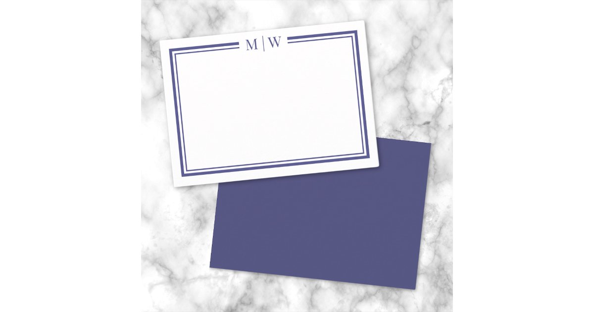 Navy Blue Two Border Minimalist Monogram Note Card | Zazzle