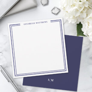 Navy Blue Two Border Name Monogram Square Note Card