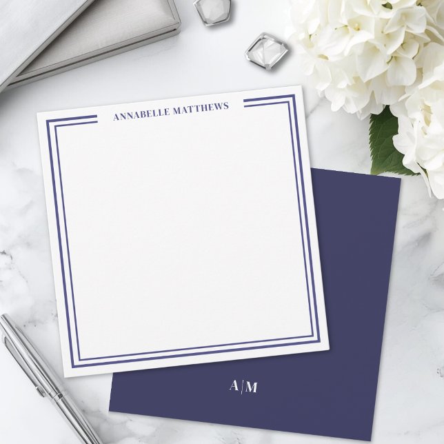 Navy Blue Two Border Name Monogram Square Note Card (Navy Blue Two Border Name Monogram Square Note Card )