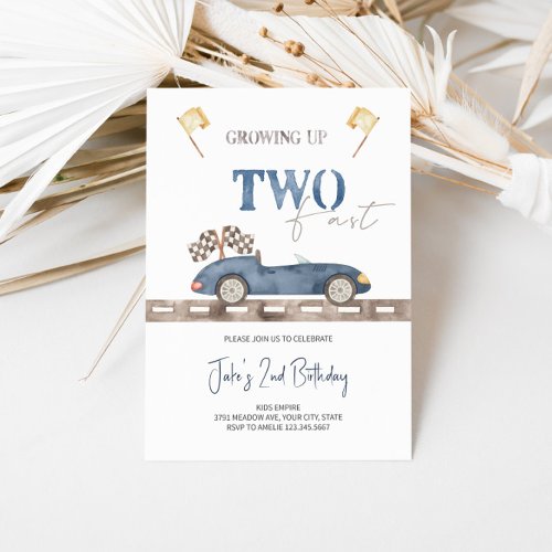 Navy Blue TWO Fast Race Car Birthday Invitation 