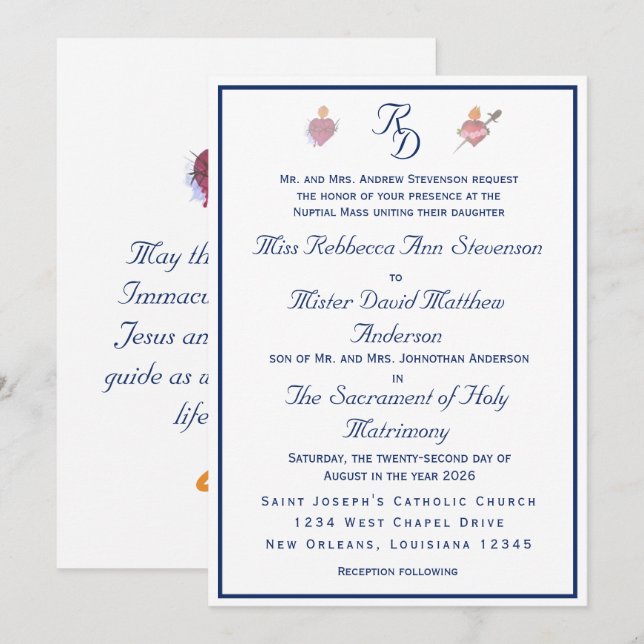 Navy-Blue Two Hearts Catholic Wedding Invitation (Front/Back)