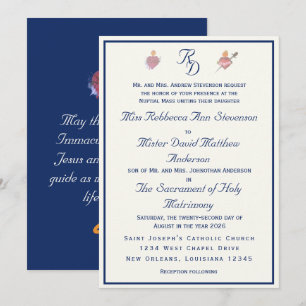 Navy-Blue Two Hearts Catholic Wedding Invitation