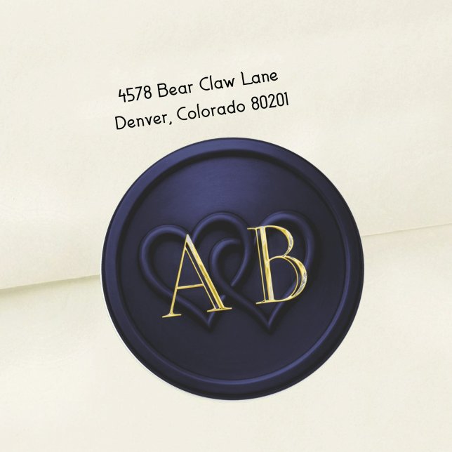 Navy  Blue Two Hearts Gold Monogram Wedding 2 Classic Round Sticker (Creator Uploaded)