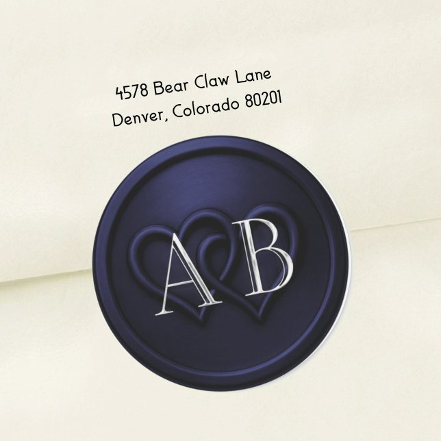 Navy  Blue Two Hearts Silver Monogram Wedding 2 Classic Round Sticker (Creator Uploaded)