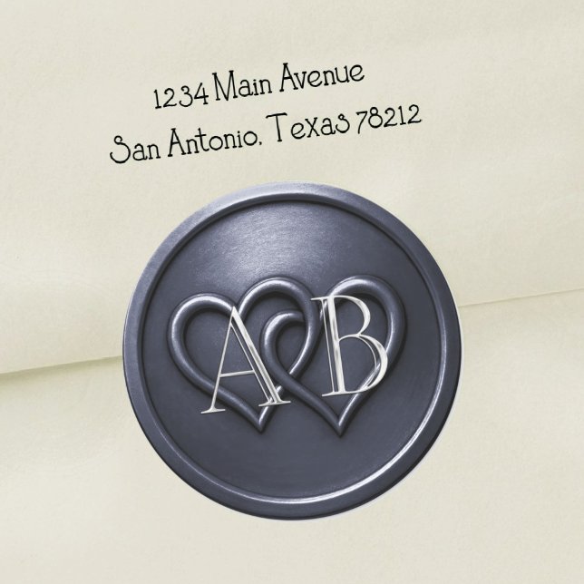 Navy Blue Two Hearts Silver Monogram Wedding  Classic Round Sticker (Creator Uploaded)