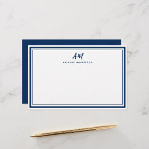 Navy Blue Two Monogram Thin & Thick Border Stationery
