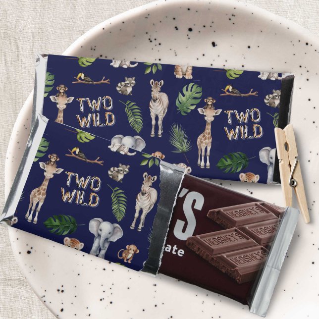 Navy Blue Two Wild Jungle Animals 2nd birthday Hershey Bar Favors (Navy Blue Two WIld 2nd birthday party chocolate bar favors.)